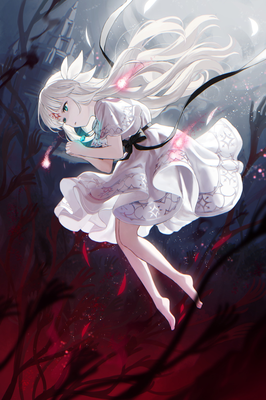 1girl absurdres aqua_eyes bangs bare_shoulders black_ribbon dress ender_lilies_quietus_of_the_knights facial_mark feet floating floating_hair forehead_mark highres jill_07km lily_(ender_lilies) long_hair midair parted_lips praying ribbon solo underskirt white_dress white_hair