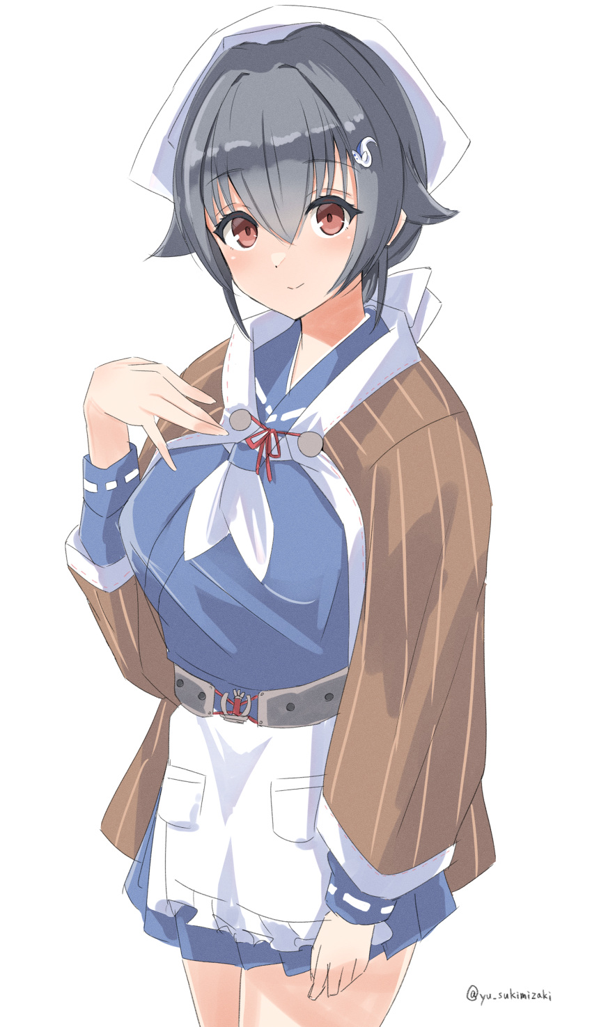 1girl absurdres apron black_hair blue_serafuku blue_skirt brown_shawl cowboy_shot hair_flaps hair_ornament hairclip headgear highres jingei_(kancolle) kantai_collection long_hair looking_at_viewer low_ponytail neckerchief one-hour_drawing_challenge pleated_skirt red_eyes sailor_collar school_uniform serafuku shawl simple_background skirt solo standing sukimizaki waist_apron white_apron white_background white_neckerchief