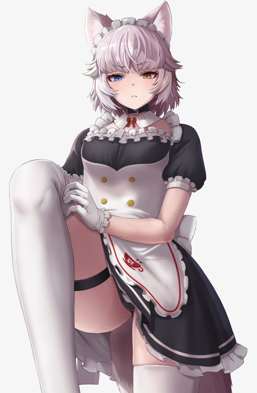 1girl absurdres animal_ears blue_eyes collar deku_suke dog_(mixed_breed)_(kemono_friends) dog_ears eyebrows_visible_through_hair frilled_gloves frills frown gloves grey_hair heterochromia highres kemono_friends looking_at_viewer maid maid_headdress puffy_short_sleeves puffy_sleeves short_hair short_sleeves simple_background solo thigh-highs thigh_strap white_background white_gloves white_legwear yellow_eyes