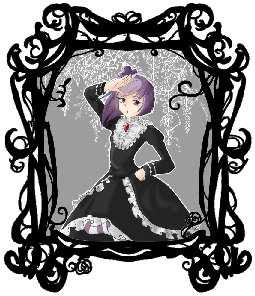 1girl bangs black_dress blackberry_cookie bow brooch candle cookie_run curtain_grab curtains dress frills full_body highres humanization jewelry juliet_sleeves lolita_fashion long_hair long_sleeves looking_at_viewer mary_janes petticoat photoshop_(medium) puffy_sleeves purple_hair rissu shoes solo striped striped_legwear violet_eyes window