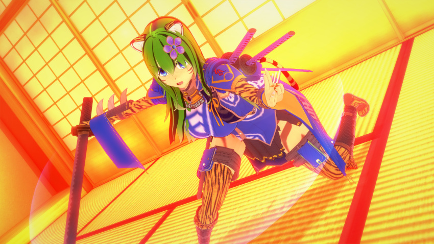 1girl bell_collar blue_eyes fighting_stance green_hair highres katana looking_at_viewer original shoulder_armor skirt spiked_armlet sword tiger_ears tiger_girl tiger_print tiger_tail