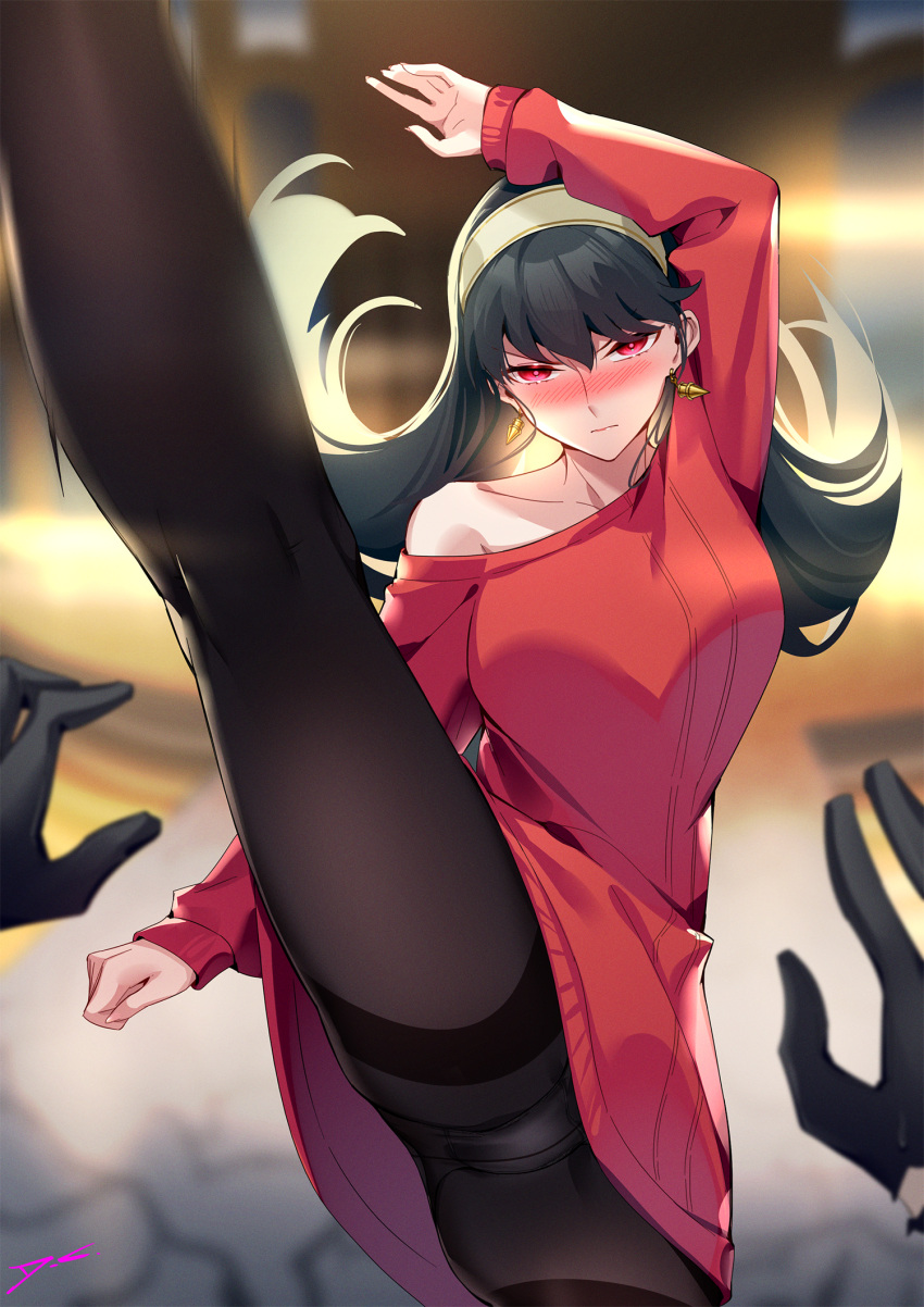 1boy 1girl arm_up black_gloves black_hair black_legwear blurry blurry_background blush crotch dreamcatcher earrings floating_hair full-face_blush gloves gold_earrings hairband highres incoming_attack jewelry kicking long_hair out_of_frame outstretched_leg panties panties_under_pantyhose pantyhose pantyshot pov pov_hands red_eyes red_sweater signature single_bare_shoulder solo_focus spy_x_family sweater thighband_pantyhose twilight_(spy_x_family) underwear v-shaped_eyebrows white_hairband yor_briar