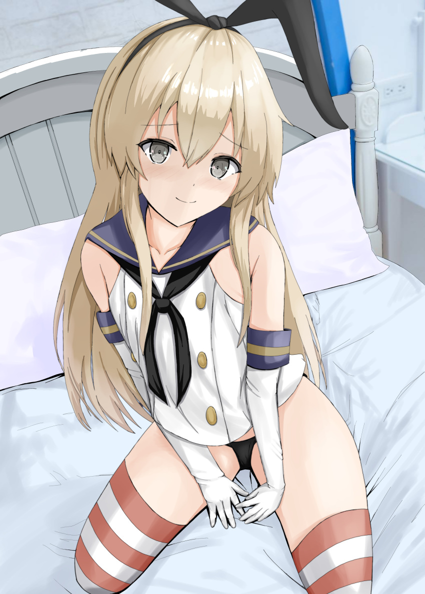 1girl absurdres bed black_hairband black_neckerchief black_panties blonde_hair blue_sailor_collar buttons commentary_request crop_top disuto double-breasted elbow_gloves gloves grey_eyes hairband highres kantai_collection long_hair looking_at_viewer neckerchief no_pants panties sailor_collar shimakaze_(kancolle) solo striped striped_legwear thigh-highs underwear white_gloves