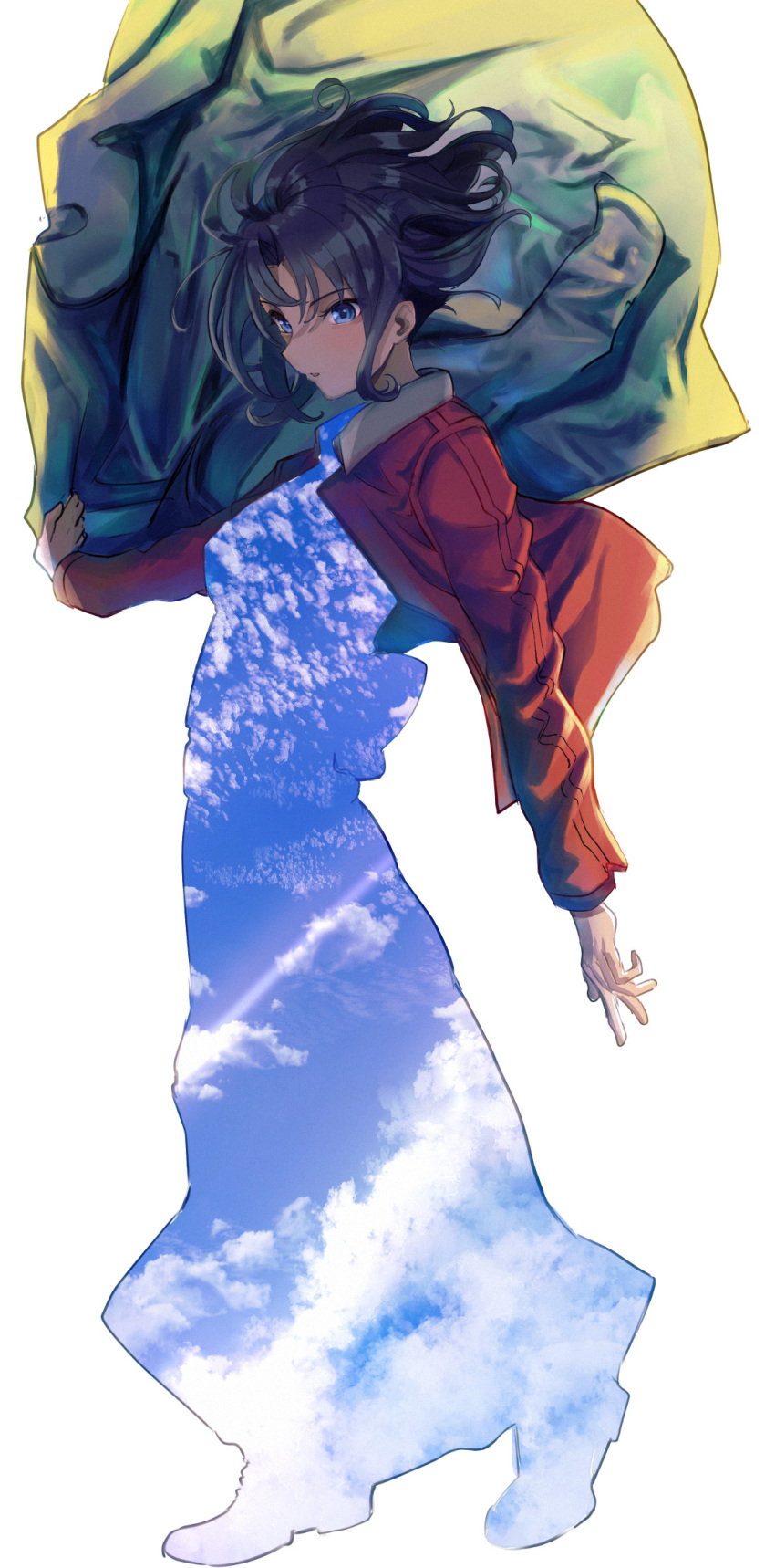 1girl black_hair blue_eyes cloud_print highres jacket japanese_clothes kara_no_kyoukai kimono raincoat red_jacket ryougi_shiki short_hair type-moon white_background yomean!