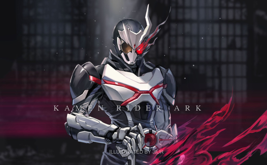 1boy antennae armor artist_name belt black_bodysuit bodysuit character_name cropped_legs energy gauntlets glowing glowing_eye highres holding holding_belt jiuri_jiuhao kamen_rider kamen_rider_01_(series) kamen_rider_ark-one male_focus mask red_eyes rider_belt shoulder_pads solo tokusatsu upper_body white_armor