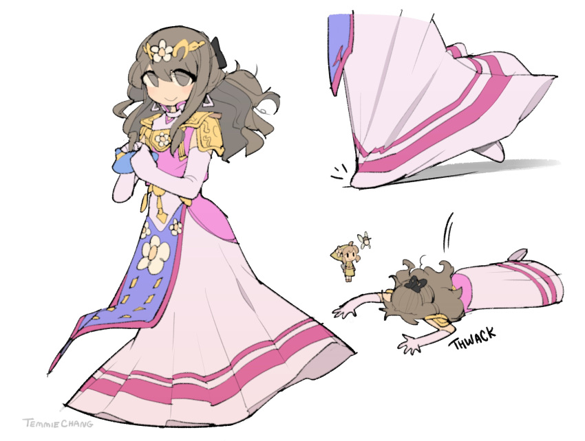 2girls brown_hair cosplay dress elbow_gloves fairy gloves highres link link_(cosplay) long_dress long_hair multiple_girls pink_dress princess_zelda princess_zelda_(cosplay) simple_background sound_effects temmie_chang temmie_chang_(character) the_legend_of_zelda tiara tripping