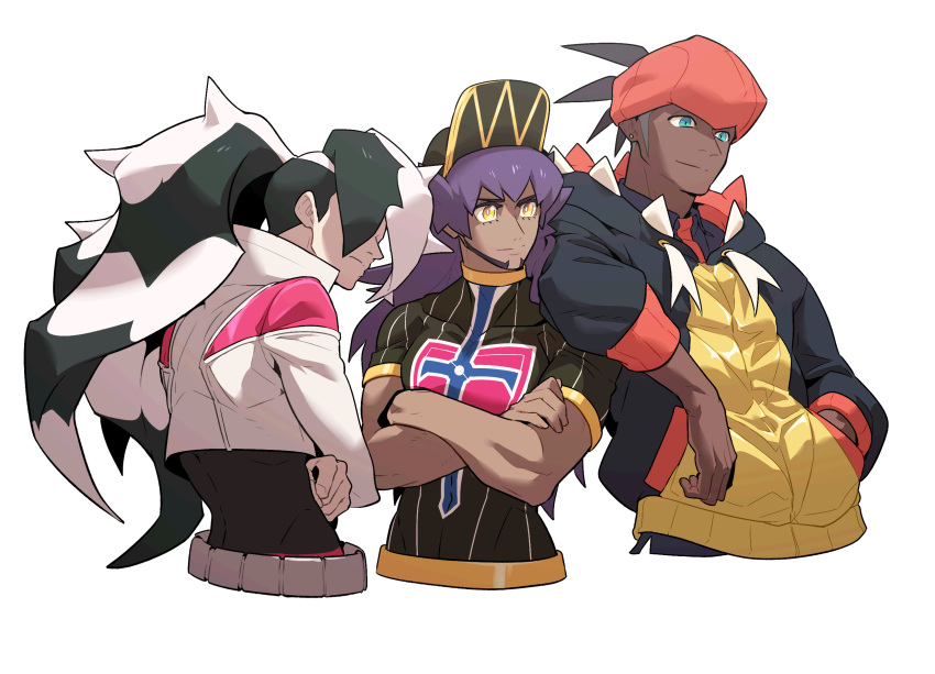 3boys baseball_cap black_hair black_hoodie champion_uniform closed_mouth commentary_request crossed_arms dark-skinned_male dark_skin facial_hair hand_in_pocket hat headband highres hood hoodie korean_commentary leon_(pokemon) long_hair male_focus multicolored_hair multiple_boys orange_headband piers_(pokemon) pokemon pokemon_(game) pokemon_swsh purple_hair raihan_(pokemon) redlhzz shield_print shirt short_hair short_sleeves simple_background smile split_mouth sword_print two-tone_hair undercut upper_body white_background white_hair