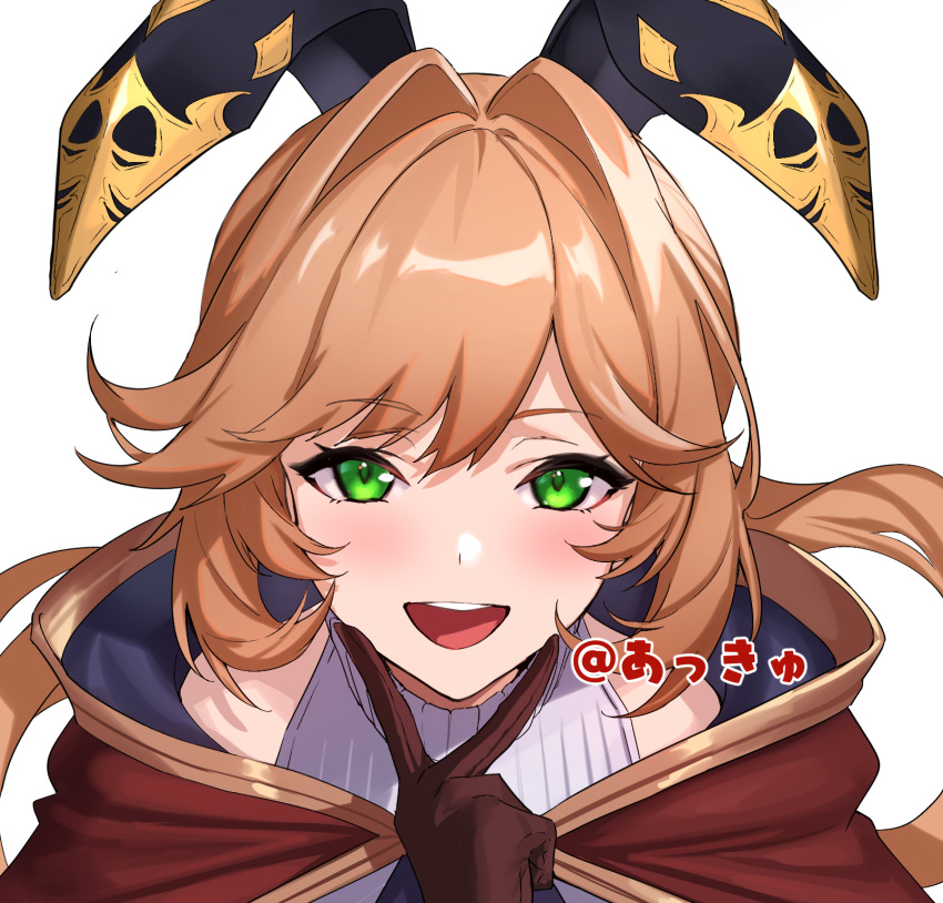 1girl :d blush brown_gloves brown_hair cape character_request gloves granblue_fantasy green_eyes hand_up highres long_hair looking_at_viewer open_mouth ponytail red_cape simple_background smile solo ulrich_(tagaragakuin) upper_body v white_background