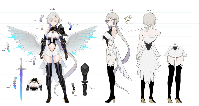 1girl absurdres angel_wings armor ass_visible_through_thighs back backless_outfit bare_shoulders blue_eyes boots breasts character_sheet clothing_cutout color_guide commentary elbow_gloves english_commentary full_body gloves grey_hair hair_between_eyes high_heel_boots high_heels highres liora_walkyria long_hair looking_at_viewer multiple_views navel official_art ohisashiburi shoulder_armor simple_background smile standing stomach_cutout sword thigh-highs thigh_boots v&amp;u_entertainment very_long_hair virtual_youtuber weapon white_background wings