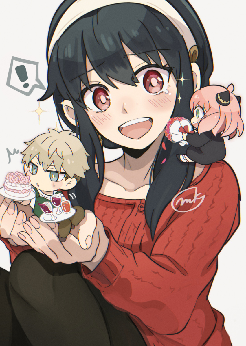 ! 1boy 2girls ahoge anya_(spy_x_family) black_hair black_legwear blonde_hair blue_eyes blush cake cup double_bun drinking_glass flower food green_eyes hairband half-closed_eyes highres mikanmochi multiple_girls open_mouth pantyhose peanut pink_hair plate red_eyes red_sweater rose sidelocks simple_background smile sparkle spy_x_family sweatdrop sweater tears teeth thought_bubble twilight_(spy_x_family) upper_teeth white_background white_hairband yor_briar