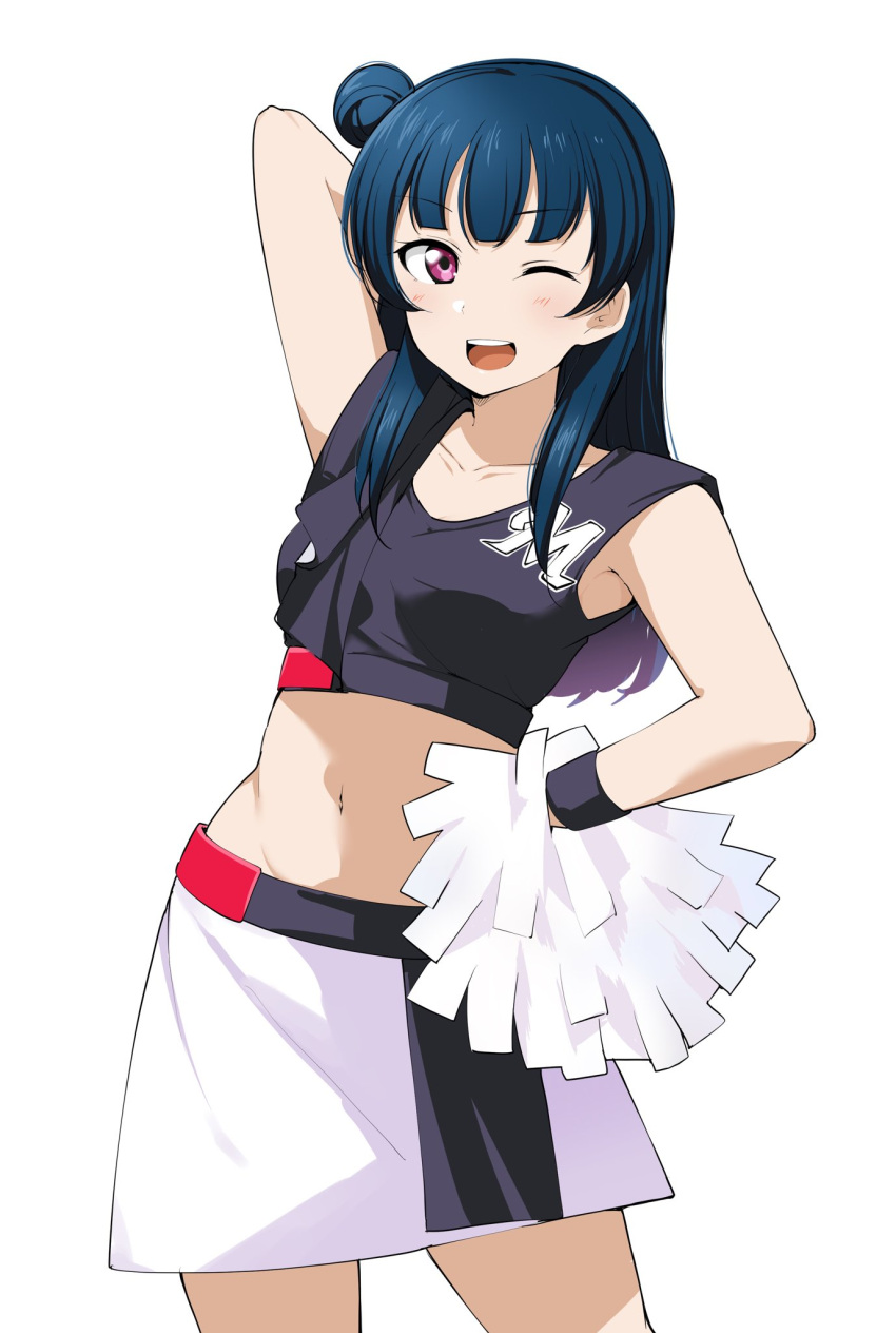 1girl arm_behind_head arm_up bangs barkhorn0331 blue_hair blunt_bangs breasts cheerleader collarbone crop_top eyebrows_visible_through_hair hair_bun hand_on_hip highres holding holding_pom_poms light_blush long_hair looking_at_viewer love_live! love_live!_sunshine!! navel one_eye_closed open_mouth pink_hair pom_pom_(cheerleading) shirt simple_background skirt sleeveless sleeveless_shirt small_breasts smile solo teeth thighs tsushima_yoshiko upper_teeth white_skirt