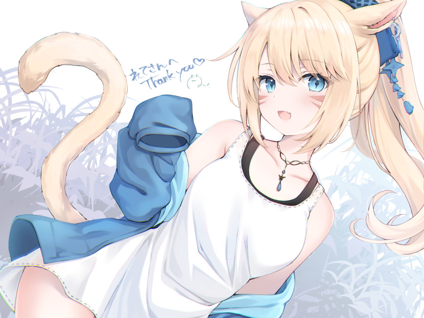 1girl :d animal_ears avatar_(ff14) black_tank_top blonde_hair blue_eyes breasts cat_ears cat_tail clothes_down commission earrings fang final_fantasy final_fantasy_xiv jewelry kanora long_hair long_sleeves medium_breasts miqo'te pendant shirt single_earring skeb_commission skin_fang sleeveless sleeveless_shirt sleeves_past_fingers sleeves_past_wrists smile tail tank_top white_shirt