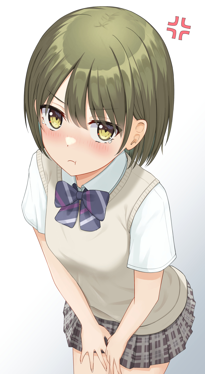 absurdres anger_vein angry bangs blush bow bowtie breasts brown_skirt checkered_clothes checkered_skirt commentary_request cpk_prd dot_nose green_eyes green_hair grey_vest hands_on_own_thighs highres idolmaster idolmaster_shiny_colors looking_at_viewer looking_up miniskirt nanakusa_nichika pout puffy_cheeks purple_bow purple_bowtie shirt short_hair short_sleeves skirt small_breasts solo striped striped_bow tearing_up v-shaped_eyebrows vest white_background white_shirt wing_collar