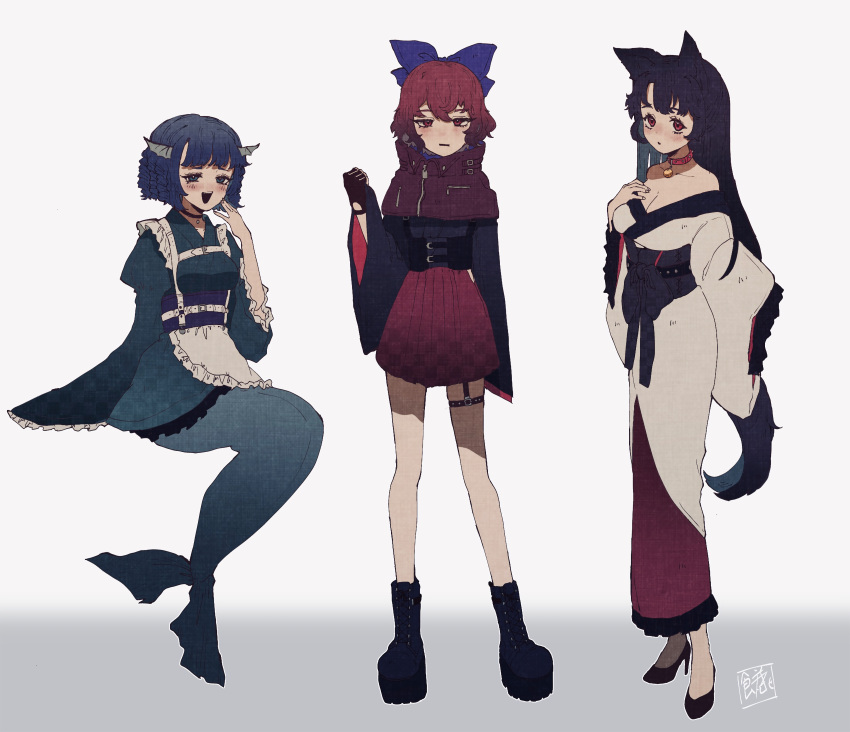 absurdres adapted_costume animal_ears black_shirt blue_bow blue_hair blue_sash bow brown_hair choker cloak drill_hair drill_locks frilled_kimono frills green_kimono hair_bow head_fins high_heels highres imaizumi_kagerou japanese_clothes kimono leg_garter long_hair long_sleeves maid mermaid miniskirt monster_girl obi off-shoulder_kimono pencil_skirt platform_boots red_cloak red_eyes red_skirt redhead sash sekibanki shirt short_hair skirt sokura_(mochichitose) touhou wakasagihime white_kimono wide_sleeves wolf_ears zipper