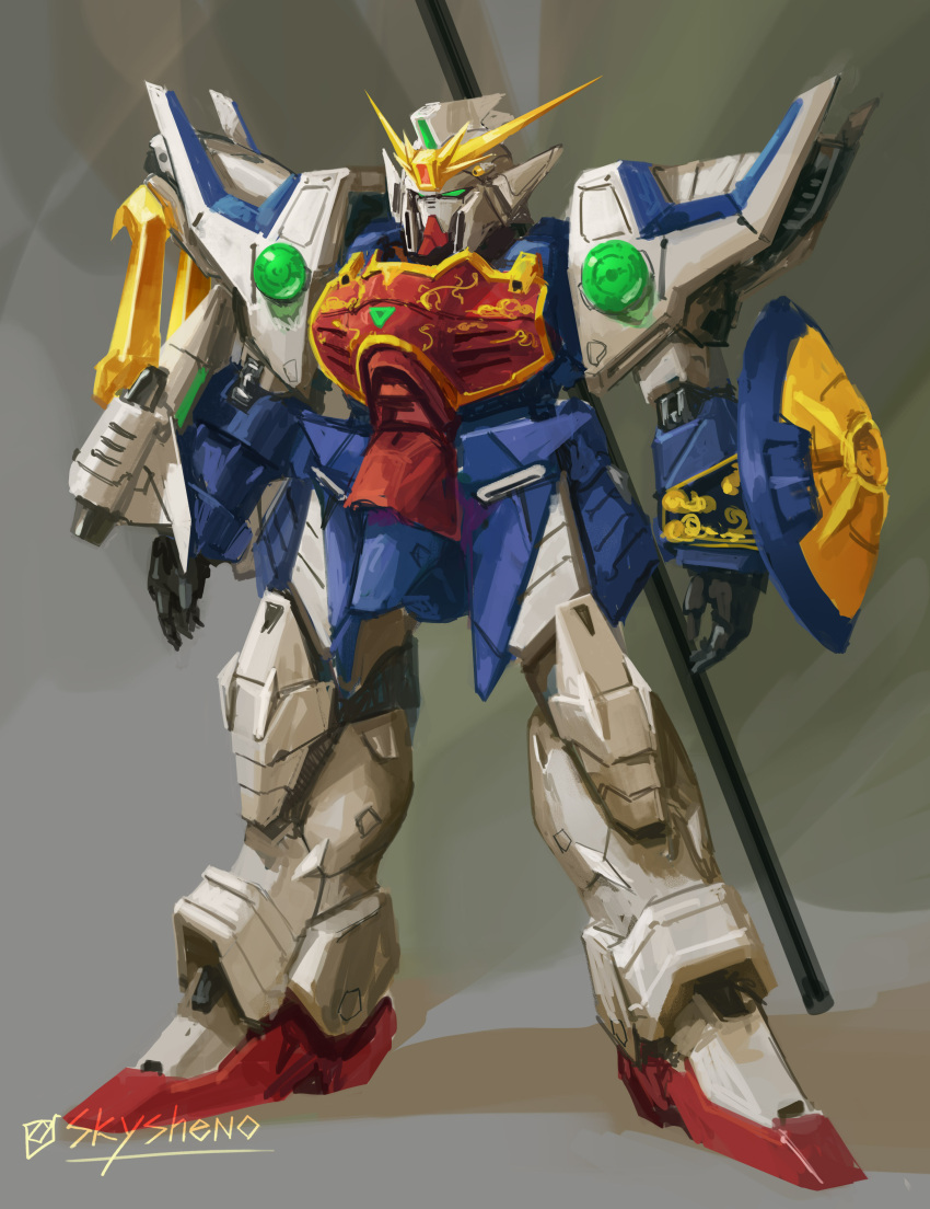 absurdres gundam gundam_wing highres looking_ahead mecha mobile_suit open_hands science_fiction shenlong_gundam shield sky_(sky_sheno) solo staff standing weapon weapon_on_back