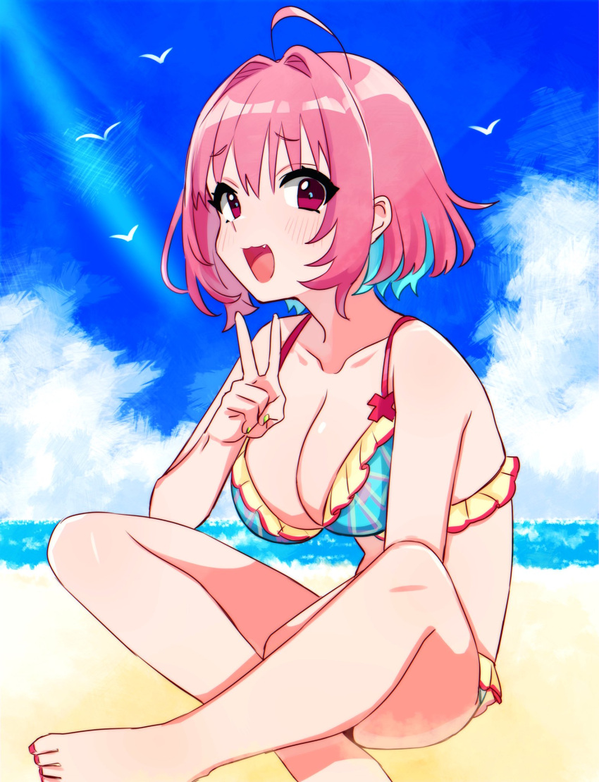 1girl ahoge bare_shoulders beach bikini bird blue_bikini blue_hair blue_sky breasts clouds collarbone day fang foreshortening frilled_bikini frills hand_up highres horizon idolmaster idolmaster_cinderella_girls indian_style large_breasts light_blush looking_at_viewer multicolored_hair nail_polish ocean official_alternate_costume open_mouth outdoors pink_hair red_nails saito_katuo shiny shiny_hair short_hair sitting sky solo swimsuit thighs toenail_polish toenails two-tone_hair v water yumemi_riamu