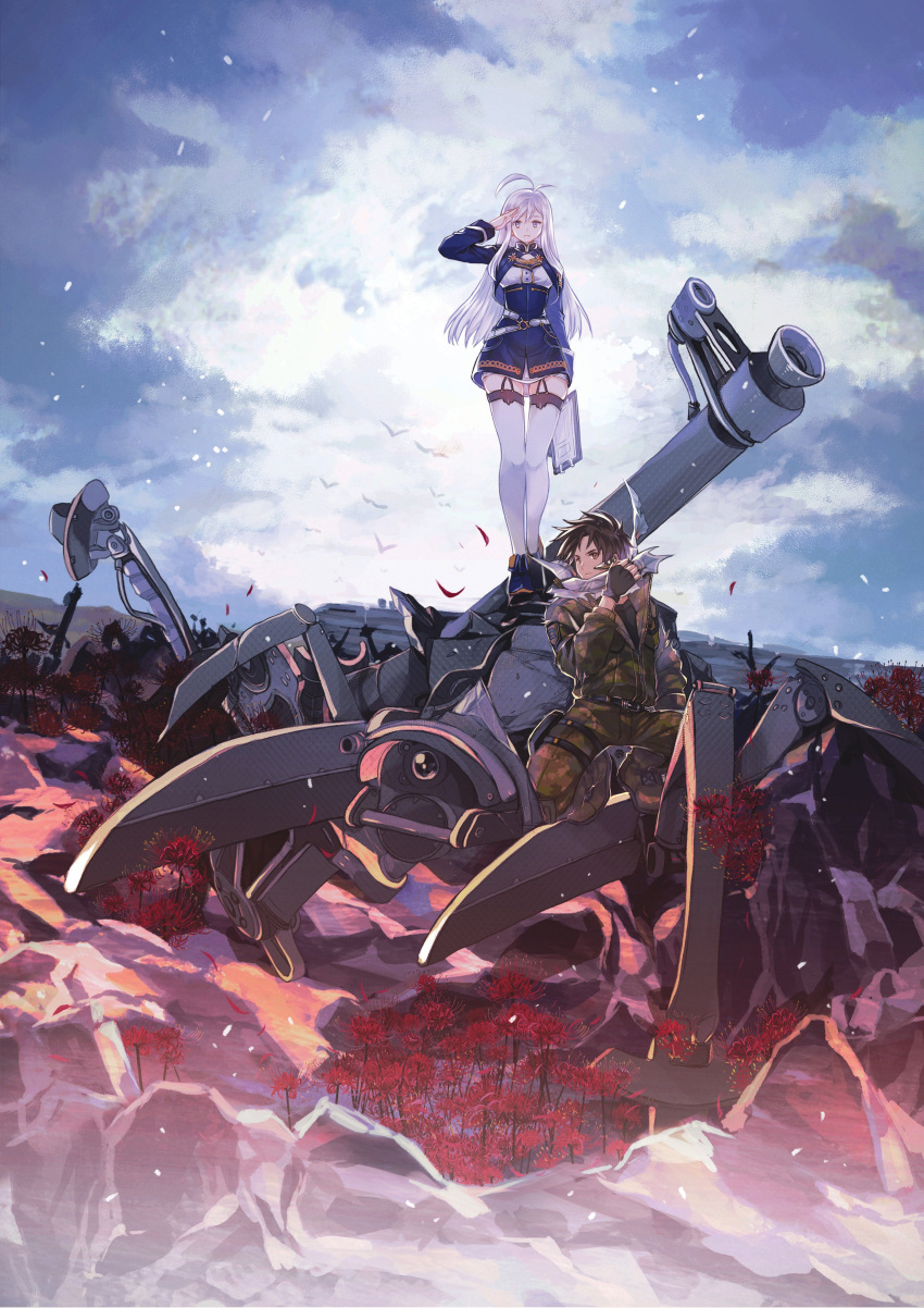 1boy 1girl 86_-eightysix- absurdres black_hair blue_skirt breasts cannon chris4708 clouds earpiece flower grey_eyes grey_hair high-waist_skirt highres m1a4_juggernaut mecha medium_breasts military military_uniform salute scarf second-party_source shinei_nouzen skirt sky standing thigh-highs uniform vladilena_millize white_legwear white_scarf