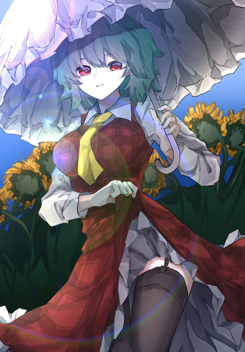 1girl bangs black_legwear blue_sky bright_pupils closed_mouth clothes_lift clouds collared_shirt dress dress_lift field flower flower_field garter_straps green_hair highres holding holding_umbrella kazami_yuuka lifted_by_self long_sleeves looking_at_viewer necktie outdoors plaid plaid_dress red_dress red_eyes shirt short_hair sky solo standing sunflower thigh-highs touhou umbrella vivo_(vivo_sun_0222) white_pupils white_shirt white_umbrella yellow_necktie