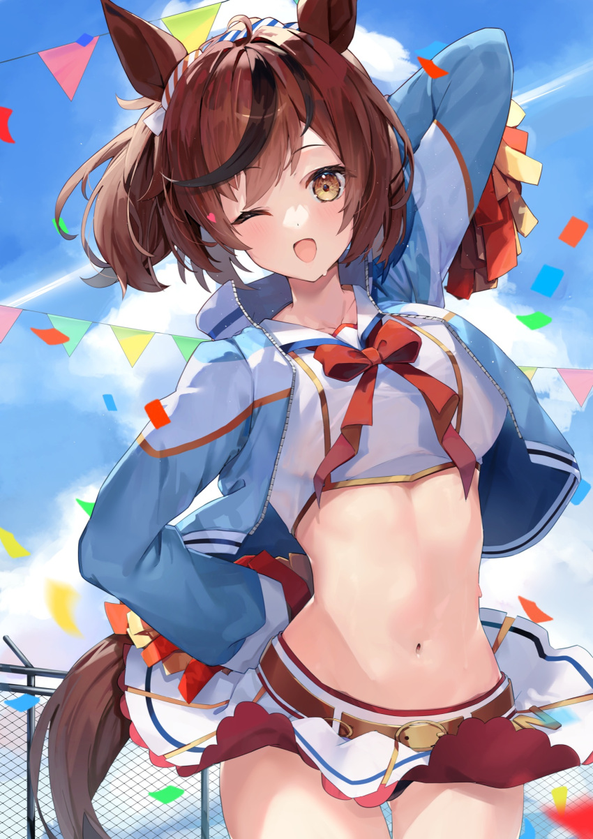 1girl ;d animal_ears arm_behind_head arm_up belt blue_jacket bow bowtie breasts brown_eyes brown_hair cheerleader clothes_lift confetti cowboy_shot crop_top hand_on_hip highres holding horse_ears horse_girl horse_tail jacket kuroshiro_kanae large_breasts long_hair long_sleeves looking_at_viewer midriff miniskirt multicolored_hair navel nice_nature_(run&amp;win)_(umamusume) nice_nature_(umamusume) one_eye_closed open_clothes open_jacket open_mouth pom_pom_(cheerleading) ponytail shirt skirt skirt_lift smile solo stomach streaked_hair tail umamusume white_shirt white_skirt