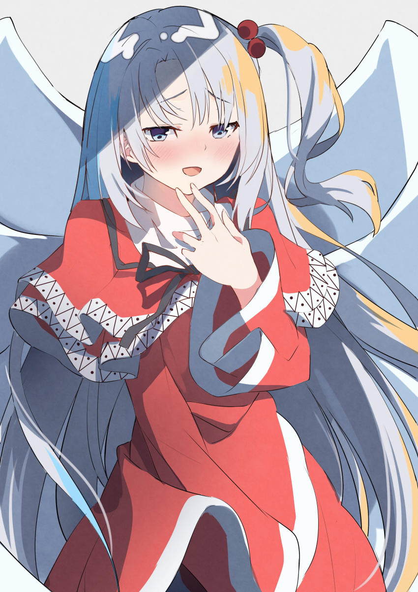1girl absurdres black_ribbon blue_eyes blush capelet commentary_request dress eyebrows_visible_through_hair grey_hair hair_bobbles hair_ornament highres long_hair long_sleeves open_mouth red_capelet red_dress ribbon shinki_(touhou) shiny shiny_hair side_ponytail solo touhou tsushi turtleneck very_long_hair white_wings wide_sleeves wings
