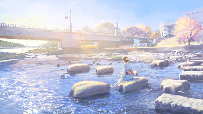 1girl absurdres blue_sky bridge brown_hair cherry_blossoms day flower from_behind hair_flower hair_ornament highres japanese_clothes kimono obi original outdoors river sash scenery short_hair sitting sky solo water wayne_chan