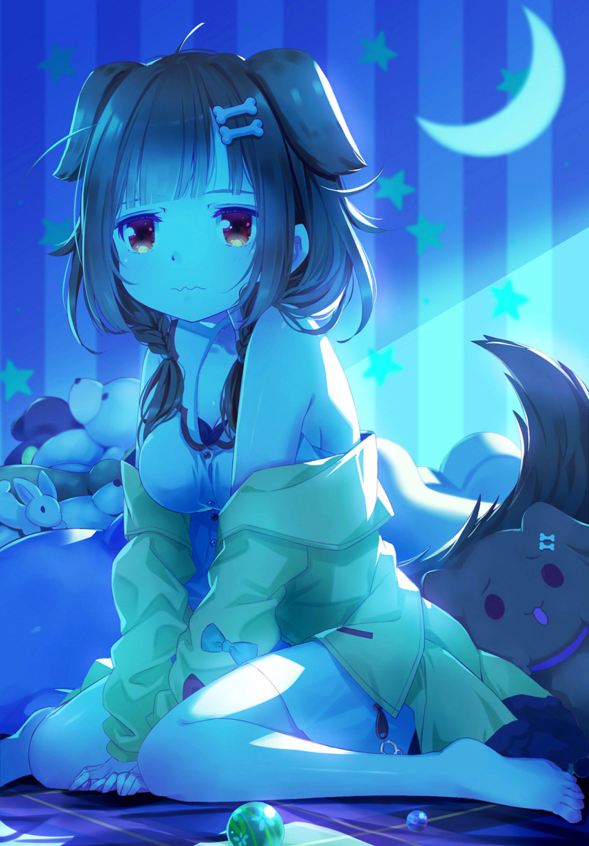 1girl 54hao ahoge animal_ears barefoot between_legs blue_bow bone_hair_ornament bow braid breasts brown_hair cartoon_bone closed_mouth crescent dog_ears dog_girl dog_tail dress hair_ornament hair_over_shoulder hand_between_legs highres hololive indoors inugami_korone jacket long_hair long_sleeves looking_at_viewer medium_breasts off_shoulder open_clothes open_jacket red_bow red_eyes sitting sleeveless sleeveless_dress sleeves_past_wrists solo starry_background striped striped_background stuffed_animal stuffed_bunny stuffed_dog stuffed_toy tail teddy_bear twin_braids vertical_stripes virtual_youtuber wariza wavy_mouth white_dress yellow_jacket
