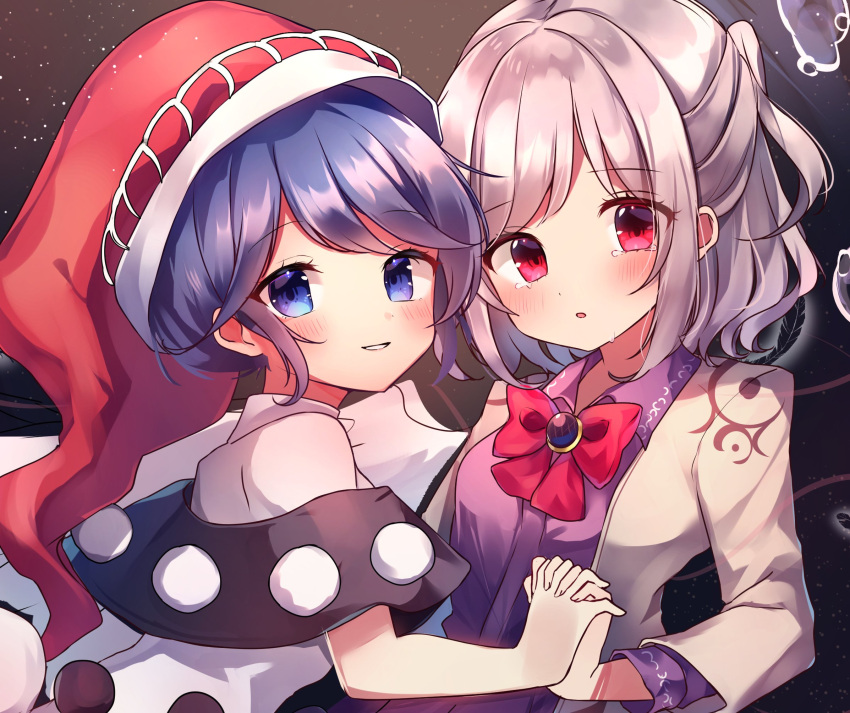 2girls bangs blue_eyes blue_hair bow bowtie doremy_sweet eyebrows_visible_through_hair grey_hair hat highres holding_hands jacket kishin_sagume light_particles long_sleeves looking_at_viewer moshihimechan multiple_girls nightcap open_mouth pom_pom_(clothes) red_bow red_bowtie red_eyes red_headwear short_hair smile suit_jacket touhou upper_body white_jacket