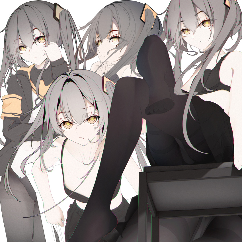 1girl absurdres bangs black_legwear commentary_request expressionless eyebrows_visible_through_hair flat_chest girls_frontline grey_hair grin hair_between_eyes hair_ornament highres jacket long_hair long_yue_(sskylarks) looking_at_viewer multiple_views no_pants one_side_up orange_eyes panties panties_under_pantyhose pantyhose scar scar_across_eye scar_on_face shirt skirt smile ump45_(girls'_frontline) underwear white_shirt