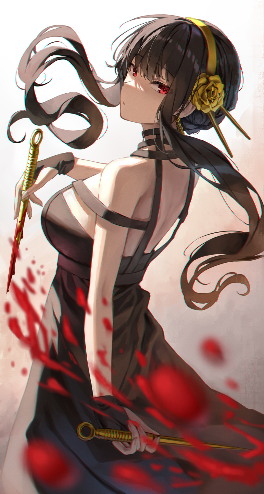 1girl absurdres bangs bare_shoulders black_dress black_gloves black_hair blood blood_on_weapon breasts closed_mouth dagger dress dual_wielding earrings eyebrows_visible_through_hair fingerless_gloves floating_hair flower from_side gloves gold_earrings gold_hairband highres holding holding_dagger holding_weapon jewelry knife large_breasts long_hair looking_at_viewer red_eyes rose rose_hair_ornament solo superpig weapon yor_briar