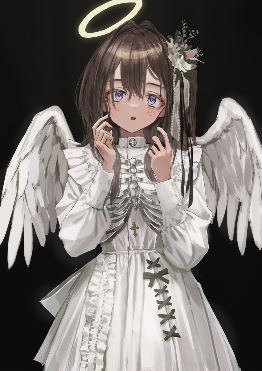 1girl :o absurdres angel angel_wings black_background blush dress feathered_wings flower frilled_dress frills hair_flower hair_ornament halo hands_up highres long_sleeves looking_at_viewer nadegata original puffy_long_sleeves puffy_sleeves simple_background solo violet_eyes white_dress white_wings wings