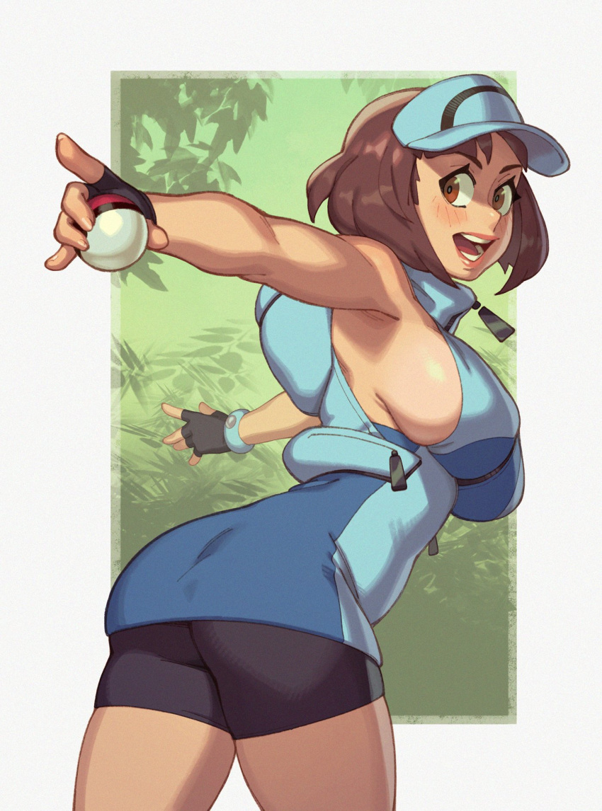 1girl ace_trainer_(pokemon) bare_legs bike_shorts blue_hoodie breasts brown_eyes brown_hair fingerless_gloves gloves highres hood hoodie large_breasts medium_hair no_bra poke_ball pokemon pokemon_(game) pokemon_sm riz sideboob skindentation visor_cap