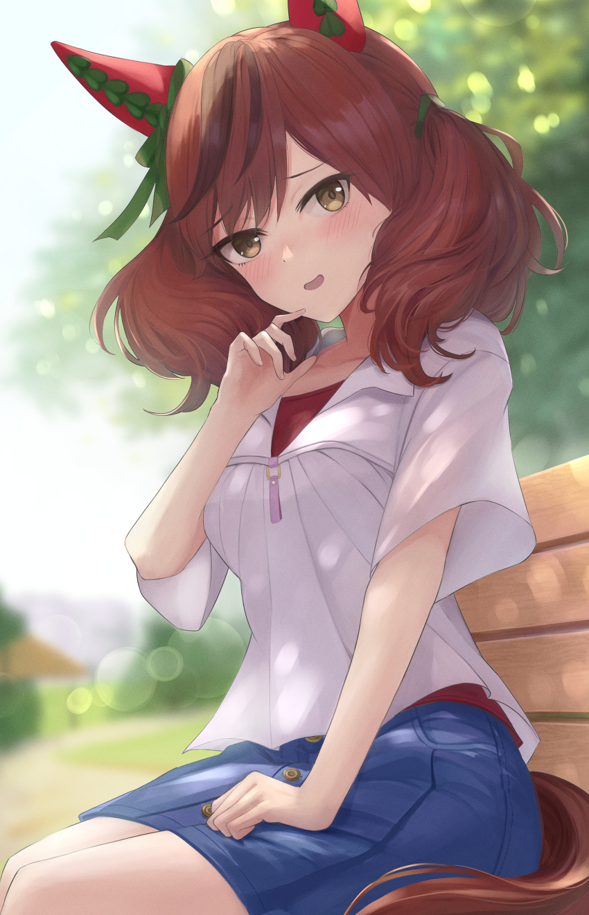 1girl absurdres bench blurry blurry_background blush breasts brown_hair casual collarbone commentary highres horse_girl looking_at_viewer medium_breasts nice_nature_(umamusume) open_mouth redhead shinoeda sitting solo tree umamusume