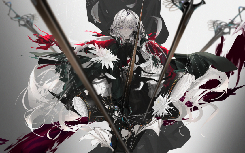 1girl black_dress closed_mouth dress flower grey_hair hair_ornament highres holding limited_palette long_hair looking_at_viewer narue original prussia_(hetalia) red_scarf scarf solo spot_color standing sword tagme violet_eyes weapon white_flower white_hair