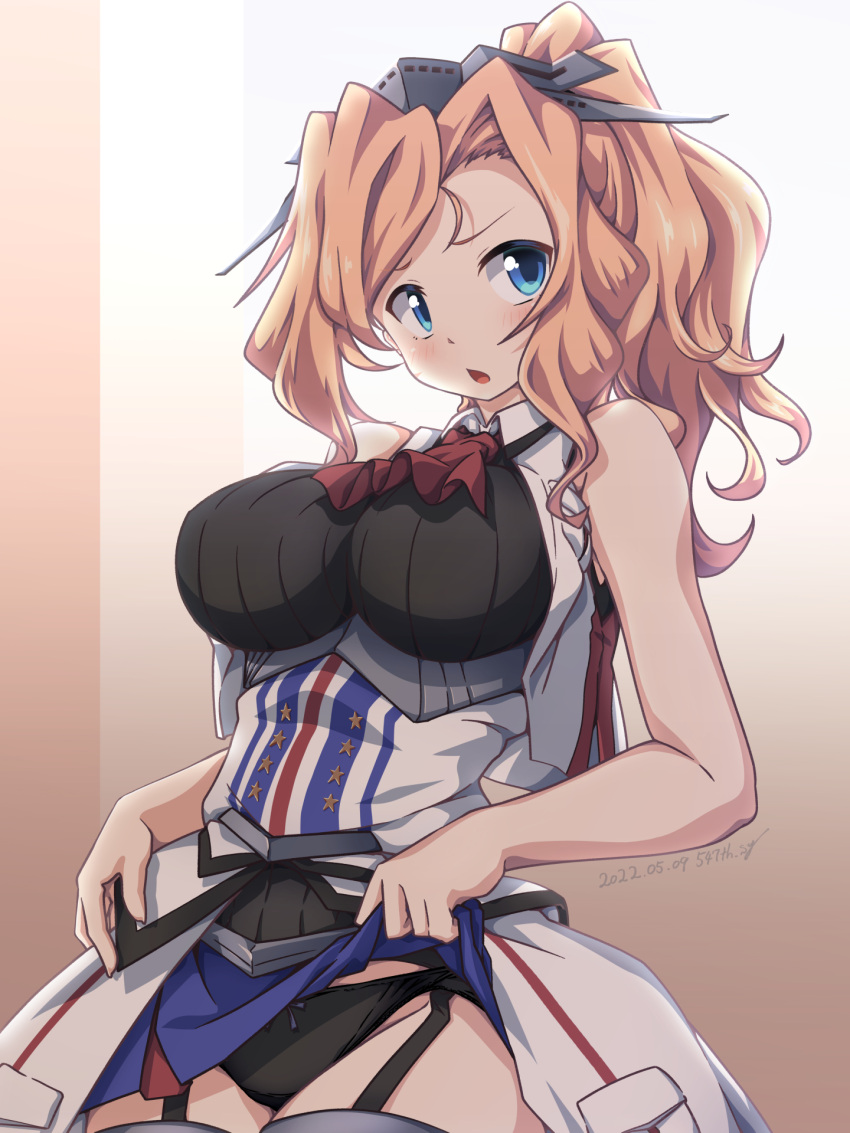 1girl 547th_sy ascot black_legwear black_panties blonde_hair blue_dress blue_eyes breast_pocket breasts cowboy_shot crop_top dated dress drill_hair gradient gradient_background highres honolulu_(kancolle) kantai_collection large_breasts long_hair military military_uniform overskirt panties pink_background pleated_dress pocket red_ascot sleeveless sleeveless_jacket solo thigh-highs twin_drills twintails underwear uniform