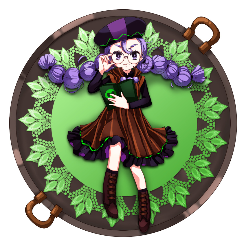 1girl absurdres alchemist_cookie black_legwear book braid capelet commentary_request cookie_run flask glasses hat highres humanization long_hair no_bangs one_eye_closed pantyhose personification photoshop_(medium) purple_hair round_eyewear simple_background skull_print solo twin_braids twintails white_background yoram