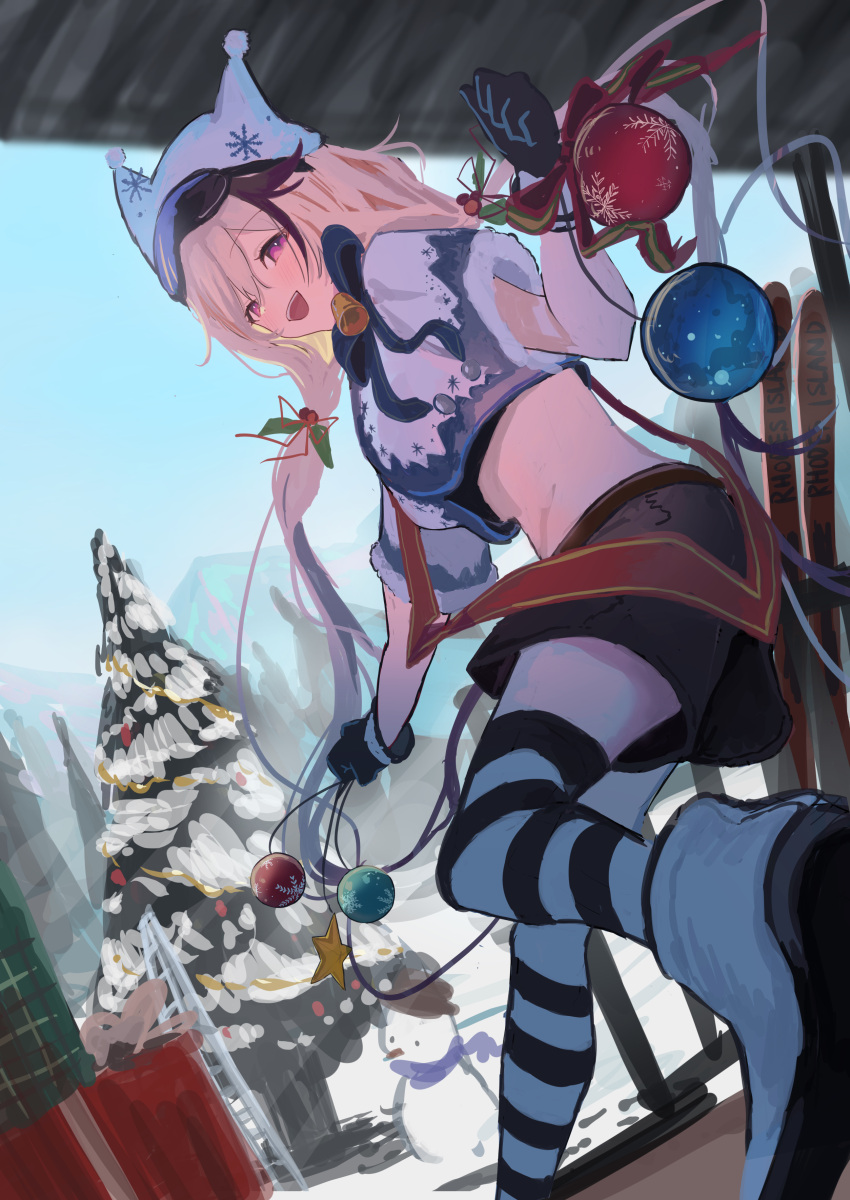 1girl :d absurdres animal_hat arknights bauble bell black_gloves black_legwear black_shorts blue_bow blue_bowtie blue_jacket boots bow bowtie brown_hair cardigan_(arknights) cardigan_(cheerful_guardian)_(arknights) christmas christmas_ornaments christmas_present christmas_tree cropped_jacket foot_out_of_frame gift gloves hat highres jacket looking_at_viewer multicolored_clothes multicolored_hair multicolored_jacket natsuba002 neck_bell official_alternate_costume outdoors pink_eyes running shorts smile snowman solo streaked_hair striped striped_legwear teeth thigh-highs two-tone_jacket upper_teeth white_footwear white_jacket white_legwear