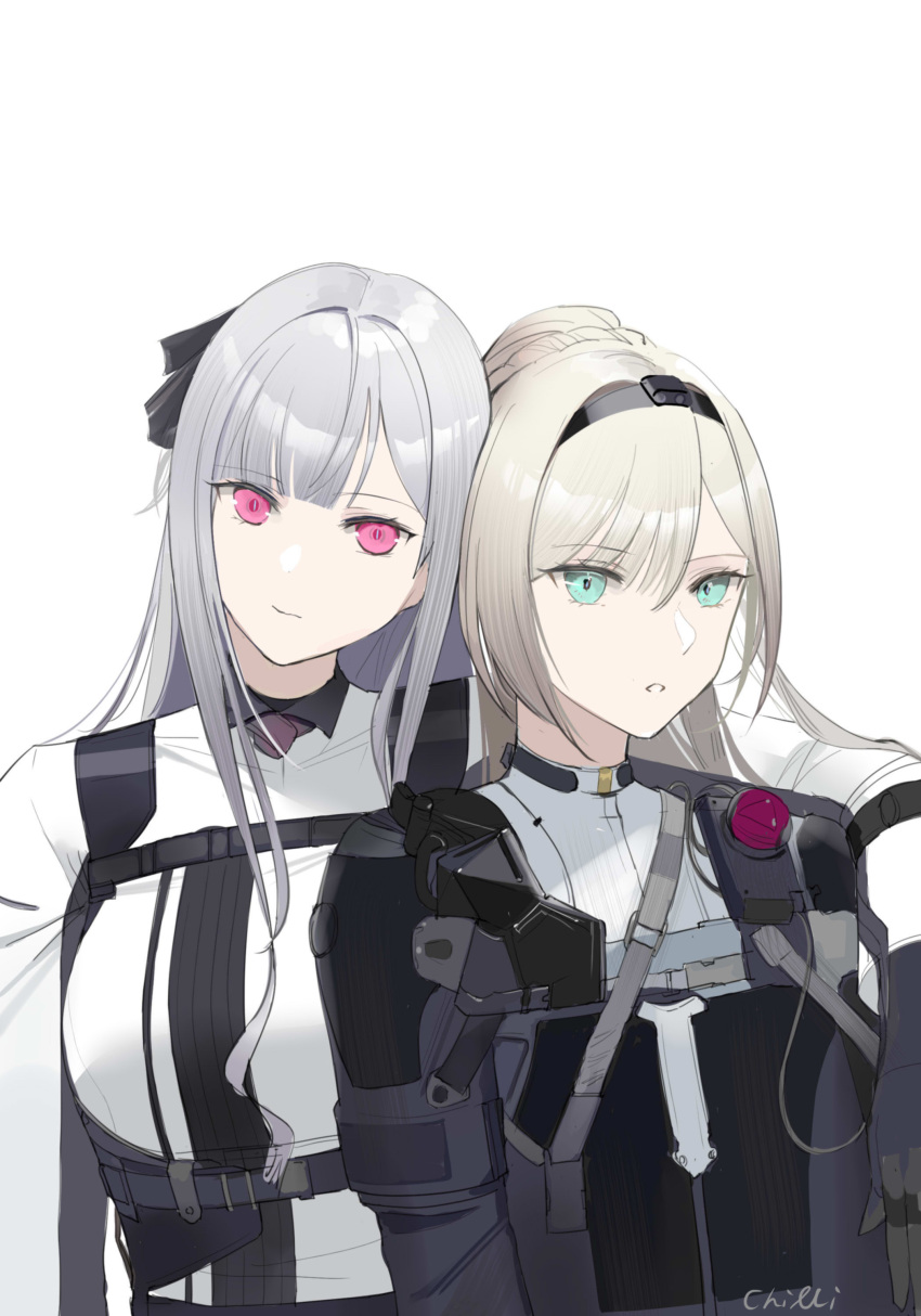 2girls absurdres ak-12_(girls'_frontline) an-94_(girls'_frontline) aqua_eyes armor artist_name bangs blonde_hair blue_gloves breasts chilli_646 closed_mouth defy_(girls'_frontline) eyebrows_visible_through_hair girls_frontline gloves hair_ribbon hairband harness highres long_hair long_sleeves looking_at_viewer medium_breasts mod3_(girls'_frontline) multiple_girls open_mouth pink_eyes ponytail ribbon shirt small_breasts tactical_clothes upper_body white_background white_hair white_shirt
