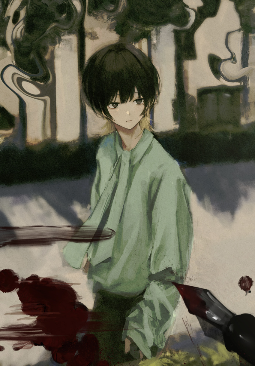 1boy 7ife absurdres bangs blood brown_hair commentary english_commentary green_shirt highres long_sleeves male_focus mole mole_under_eye original outdoors painting_(object) quill shirt short_hair smeared_blood solo