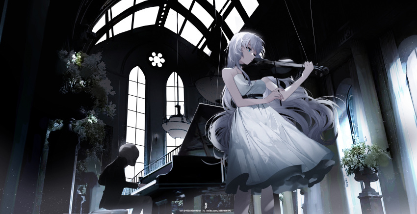 1girl 1other absurdres bare_arms belt blue_eyes commentary curtains dress feet_out_of_frame grey_hair highres igawa_hikaru indoors instrument long_dress long_hair music original piano plant playing_instrument puppet_strings sleeveless sleeveless_dress spaghetti_strap stairs standing sunlight twitter_username very_long_hair violin weibo_username white_dress window