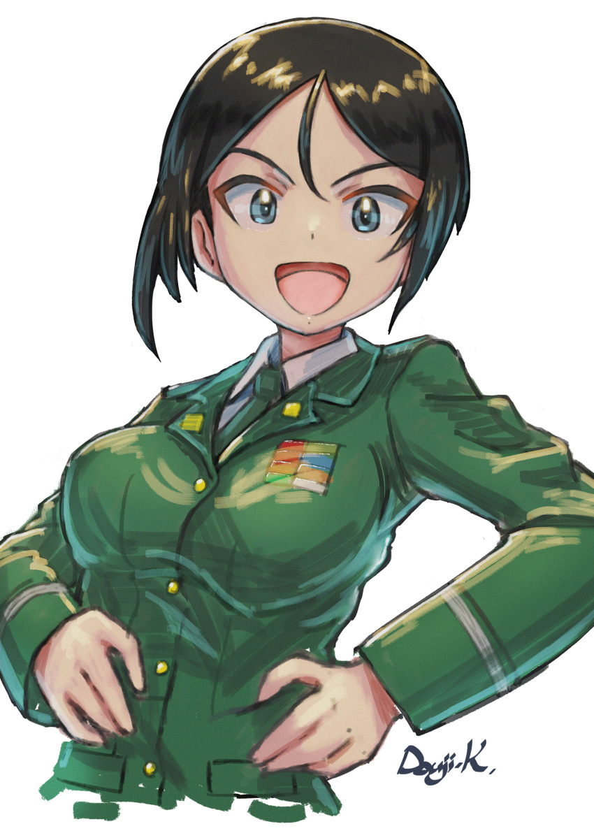 1girl :d artist_name bangs black_eyes black_hair chouno_ami commentary cropped_torso dress_shirt girls_und_panzer green_jacket green_necktie hands_on_hips highres jacket japan_ground_self-defense_force japan_self-defense_force kuroneko_douji long_sleeves looking_at_viewer military military_uniform necktie open_mouth shirt short_hair signature simple_background sketch smile solo swept_bangs uniform white_background white_shirt wing_collar