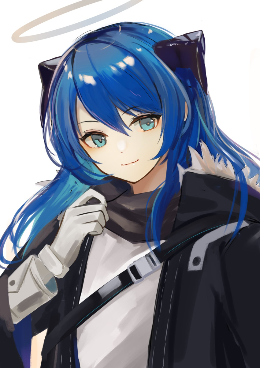 1girl arknights azuazu_0405 black_jacket black_scarf blue_eyes blue_hair demon_horns eyebrows_visible_through_hair fur-trimmed_hood fur-trimmed_jacket fur_trim gloves hair_between_eyes halo hand_up highres hood hood_down hooded_jacket horns jacket long_hair looking_at_viewer mostima_(arknights) scarf shirt smile solo upper_body white_gloves white_shirt