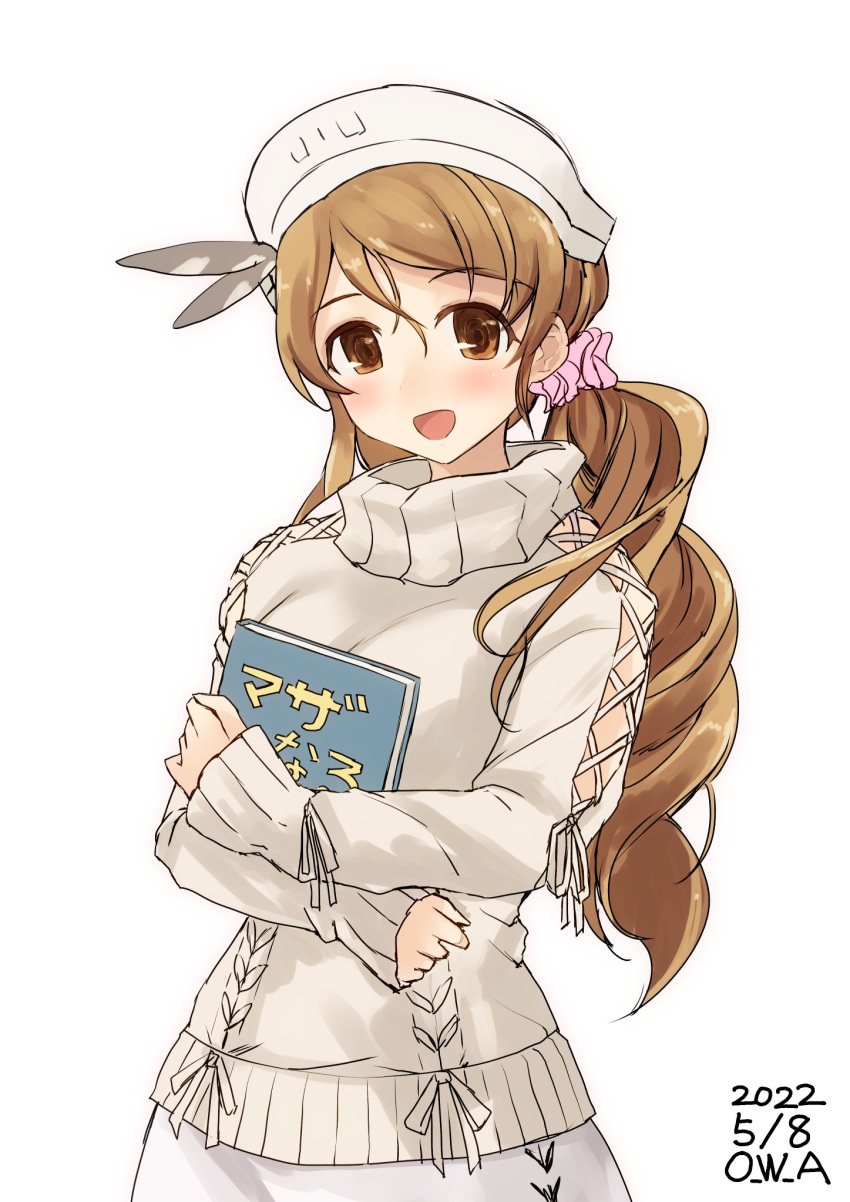 1girl book brown_eyes brown_hair hat hhair_over_shoulder highres kantai_collection littorio_(kancolle) long_hair official_alternate_costume one-hour_drawing_challenge owa_(ishtail) ponytail simple_background smile solo sweater upper_body wavy_hair white_background white_sweater
