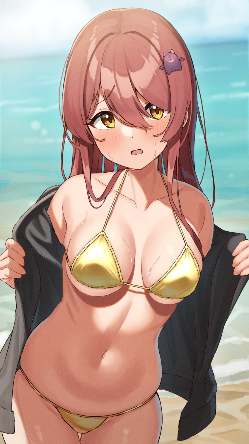 1girl absurdres bangs bare_shoulders bikini blush breasts character_hair_ornament clouds cloudy_sky collarbone cowboy_shot day debi_tarou dot_nose eyebrows_visible_through_hair hair_between_eyes hair_ornament highres horizon idolmaster idolmaster_shiny_colors leaning_to_the_side long_hair looking_at_viewer navel ocean open_clothes open_mouth osaki_tenka outdoors raised_eyebrow shiny shiny_hair skindentation sky solo string_bikini swimsuit thigh_gap under_boob wanimaru water wet yellow_bikini yellow_eyes