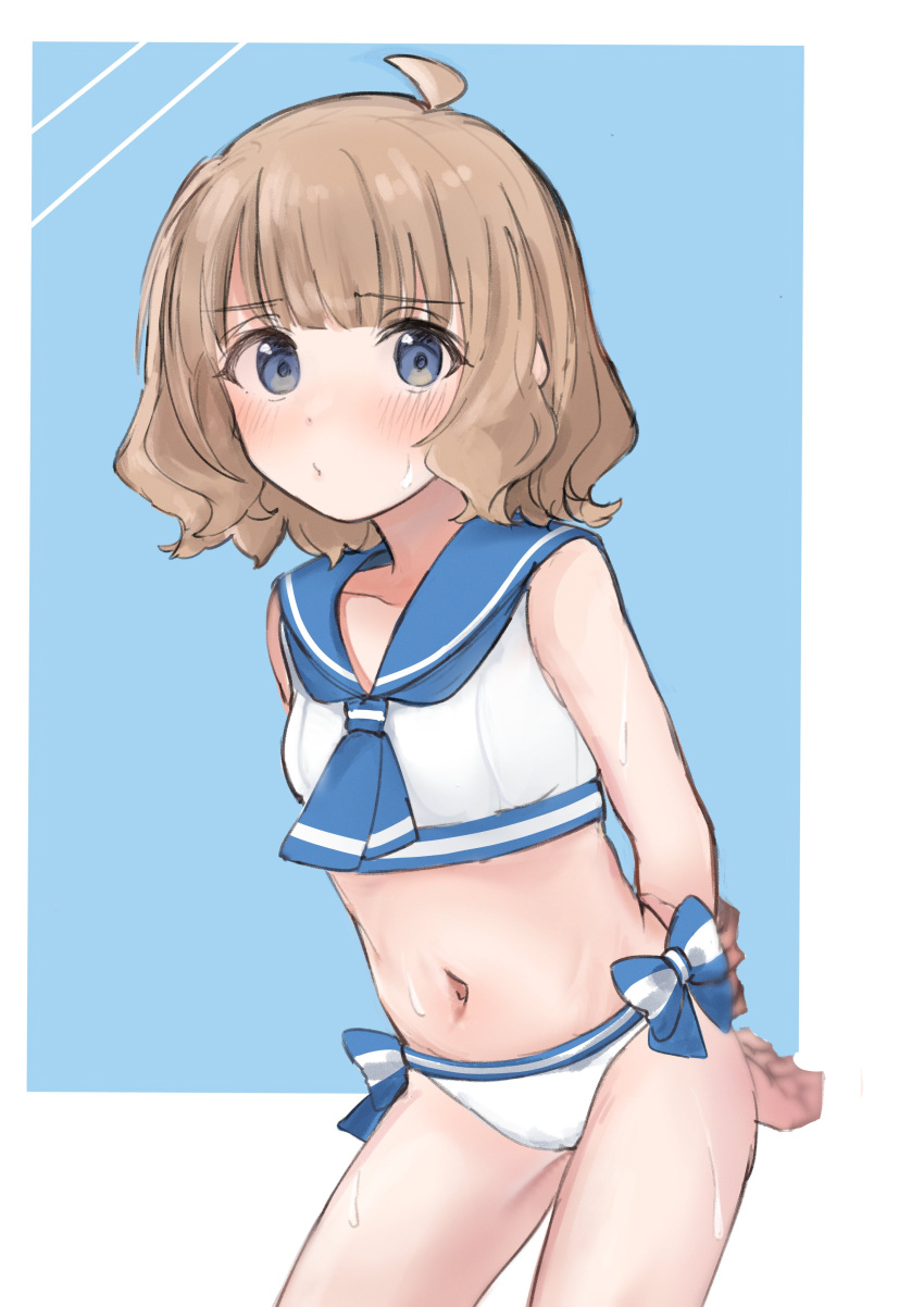 absurdres ahoge arms_behind_back bangs blue_background blue_bow blue_eyes blue_neckerchief blue_sailor_collar blush bow breasts chestnut_mouth child commentary_request dot_nose eyebrows_visible_through_hair highres idolmaster idolmaster_million_live! light_brown_hair meeeeeeco359 navel neckerchief sailor_collar sailor_swimsuit_(idolmaster) short_hair sidelocks simple_background small_breasts solo stomach suou_momoko swimsuit thighs wavy_hair wet white_swimsuit