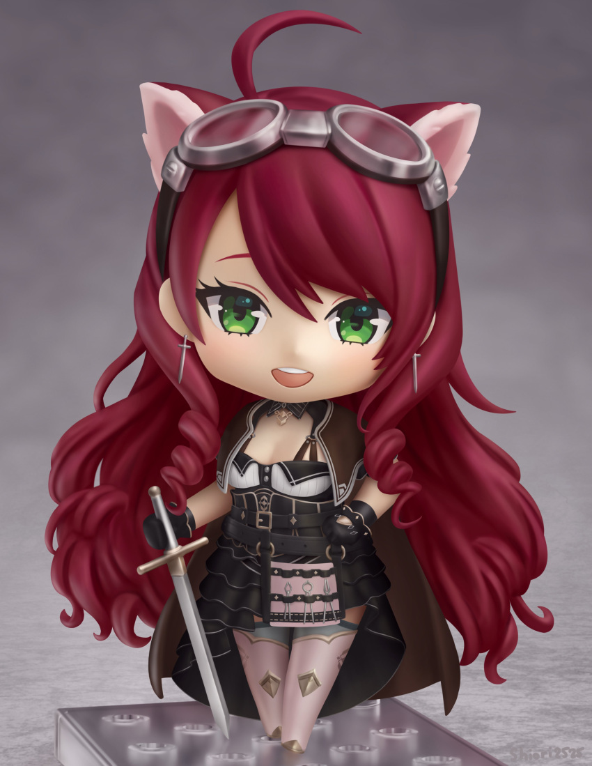 1girl absurdres ahoge animal_ears black_gloves character_request chibi commission earrings faux_figurine gloves green_eyes hand_on_hilt highres indie_virtual_youtuber jewelry long_hair looking_at_viewer nendoroid open_mouth redhead ringlets second-party_source shiori2525 smile solo sword sword_earrings teeth upper_teeth virtual_youtuber weapon