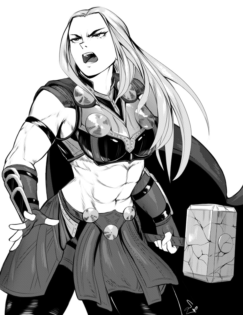 1girl abs absurdres cape greyscale hammer highres jane_foster long_hair monochrome muscular muscular_female skirt speedl00ver thor_(marvel) toned