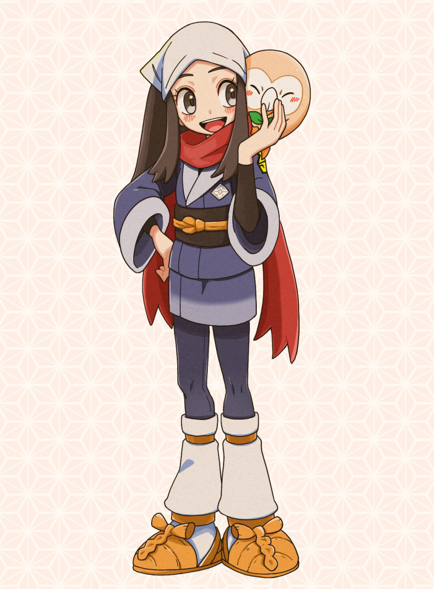 1girl 6u6y_iii :d akari_(pokemon) black_sash black_shirt blush brown_footwear brown_hair commentary_request eyelashes grey_eyes grey_jacket grey_skirt hand_up head_scarf highres jacket logo long_hair loose_socks on_shoulder open_mouth pantyhose pokemon pokemon_(creature) pokemon_(game) pokemon_legends:_arceus pokemon_on_shoulder red_scarf rowlet sash scarf shirt shoes sidelocks skirt smile standing teeth tongue upper_teeth white_headwear