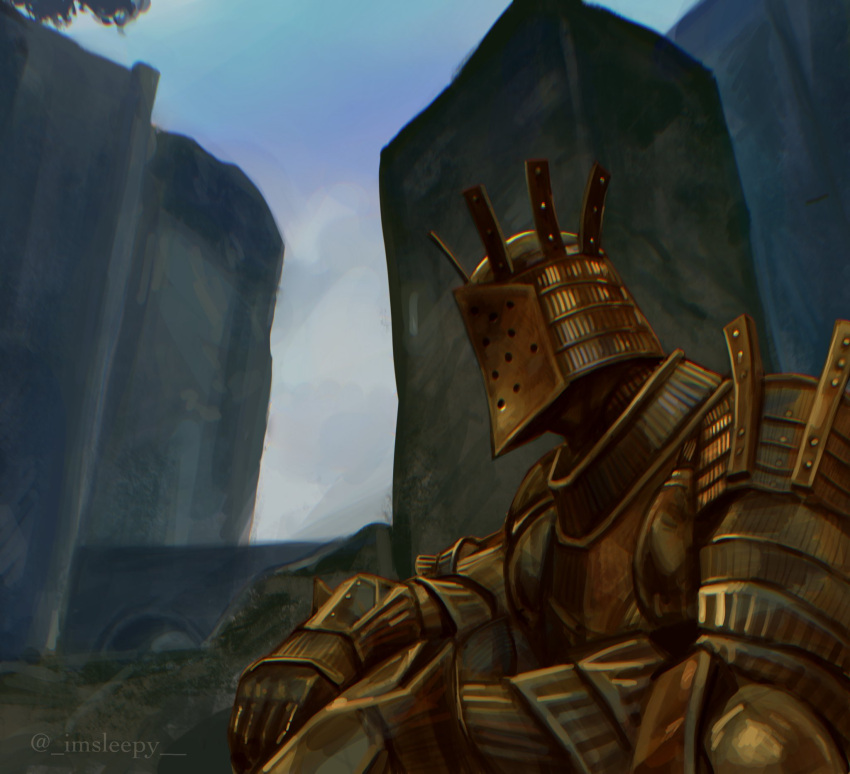 1boy armor dark_souls_(series) dark_souls_i from_side full_armor gauntlets gold_armor helmet highres knight_lautrec_of_carim outdoors pauldrons profile shoulder_armor sitting sleepysolaire solo