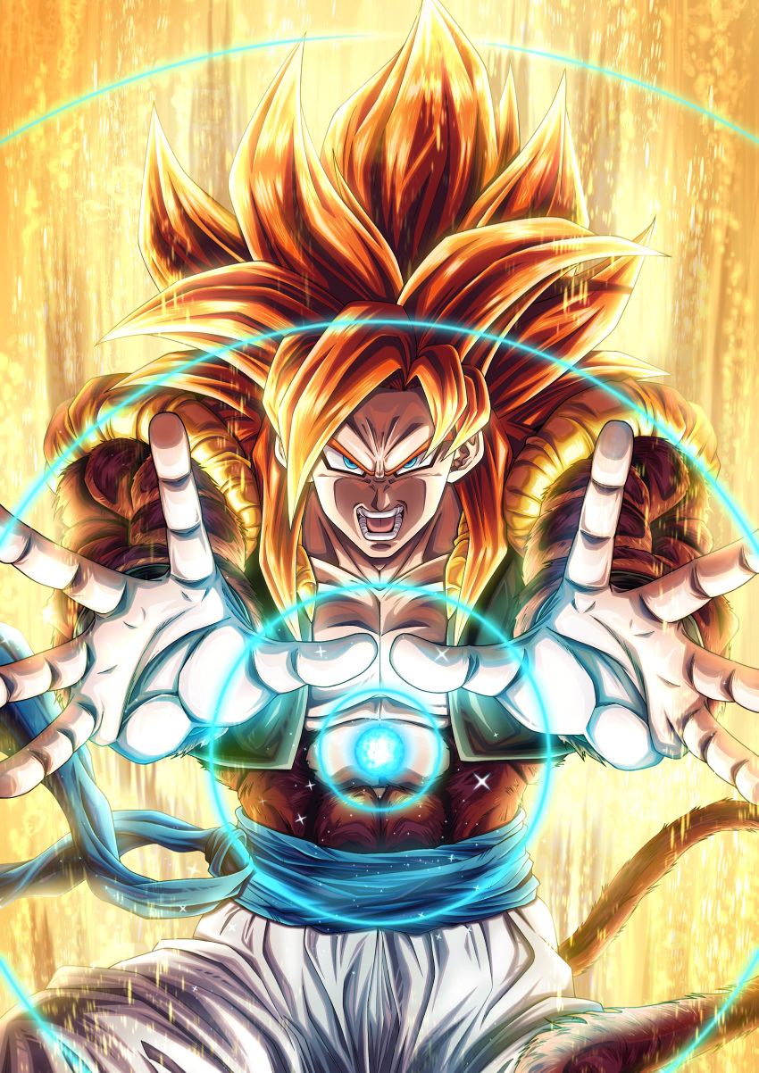 1boy absurdres big_bang_kamehameha body_fur brown_fur dragon_ball dragon_ball_gt gogeta highres incoming_attack looking_at_viewer metamoran_vest mocky_art monkey_boy monkey_tail muscular muscular_male obi open_mouth outstretched_arm outstretched_hand pants pectorals redhead saiyan sash solo spiky_hair super_saiyan super_saiyan_4 tail white_pants wristband