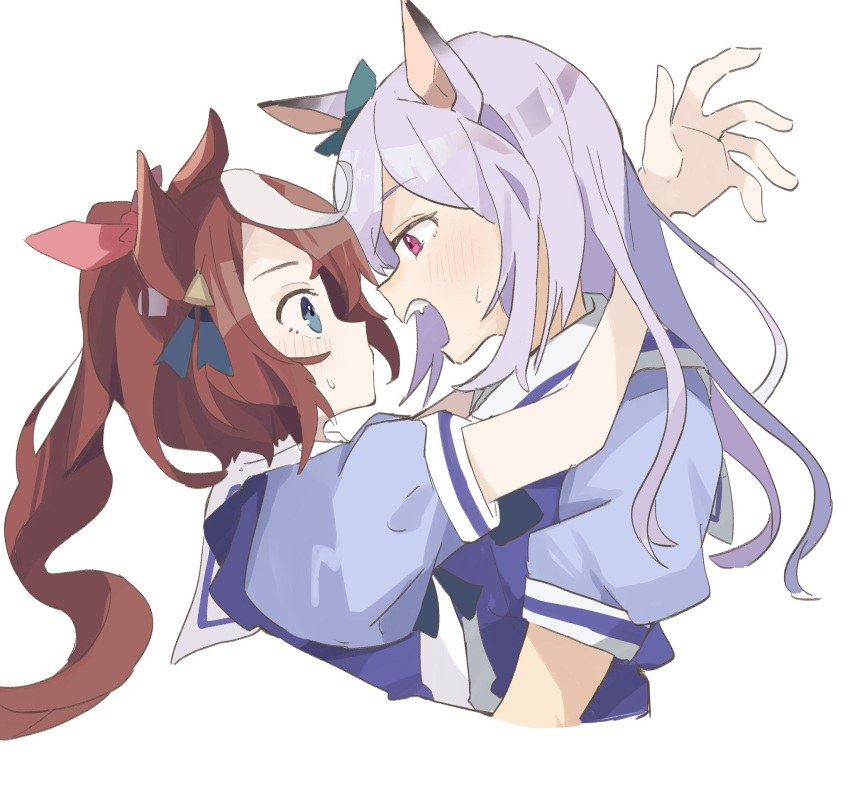 2girls animal_ears blue_eyes brown_hair cropped_torso eye_contact fang hair_flaps high_ponytail highres horse_ears horse_girl long_hair looking_at_another mejiro_mcqueen_(umamusume) multicolored_hair multiple_girls purple_shirt red_eyes sailor_collar school_uniform shirt simple_background streaked_hair tokai_teio_(umamusume) tracen_school_uniform two-tone_hair umamusume umi_owl upper_body white_background white_hair white_sailor_collar